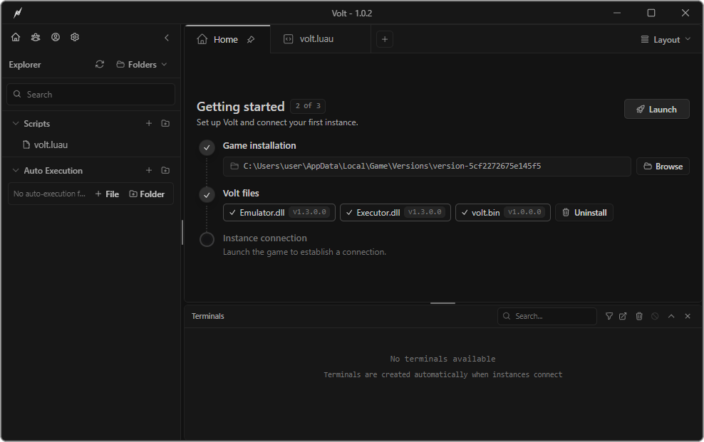 Volt UI 1.0 home and setup screen
